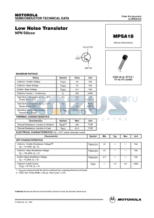 MPSA18 datasheet - Low Noise Transistor