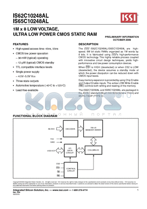 IS65C10248AL datasheet - 1M x 8 LOW VOLTAGE, ULTRA LOW POWER CMOS STATIC RAM