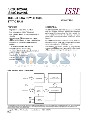 IS65C1024AL-45QA3 datasheet - 128K x 8 LOW POWER CMOS STATIC RAM