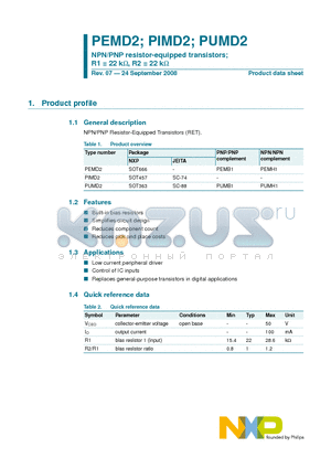 PIMD2 datasheet - NPN/PNP resistor-equipped transistors; R1 = 22 kW, R2 = 22 kW