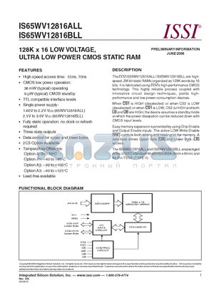 IS65WV12816ALL datasheet - 128K x 16 LOW VOLTAGE, ULTRA LOW POWER CMOS STATIC RAM