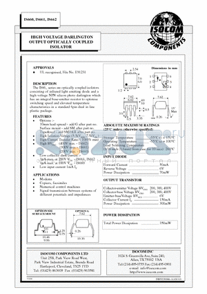 IS660 datasheet - HIGH VOLTAGE DARLINGTON OUTPUT OPTICALLY COUPLED ISOLATOR