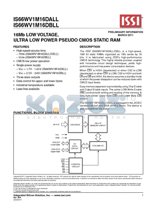 IS66WV1M16DALL datasheet - 16Mb LOW VOLTAGE, ULTRA LOW POWER PSEUDO CMOS STATIC RAM