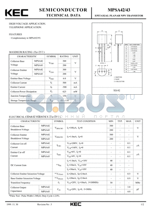 MPSA42 datasheet - EPITAXIAL PLANAR NPN TRANSISTOR (HIGH VOLTAGE, TELEPHONE )