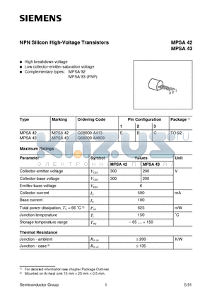 MPSA42 datasheet - NPN Silicon High-Voltage Transistors