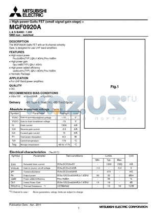 MGF0920A_11 datasheet - High-power GaAs FET (small signal gain stage)