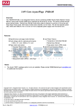 IS66WVE4M16BLL-70BLI datasheet - 3.0V Core Async/Page PSRAM