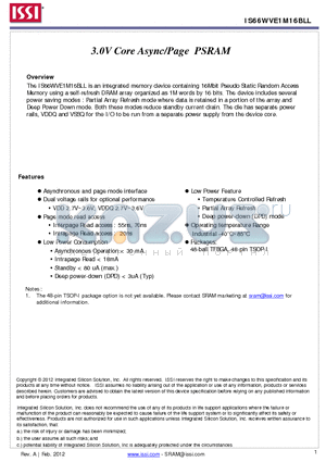 IS66WVE1M16BLL-70BLI datasheet - 3.0V Core Async/Page PSRAM