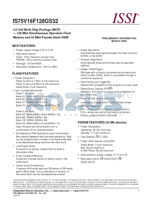 IS75V16F128GS32-7065BI datasheet - 3.0 Volt Multi-Chip Package (MCP) 128 Mbit Simultaneous Operation Flash Memory and 32 Mbit Pseudo Static RAM