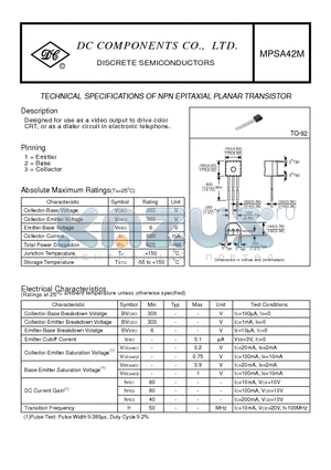 MPSA42M datasheet - TECHNICAL SPECIFICATIONS OF NPN EPITAXIAL PLANAR TRANSISTOR