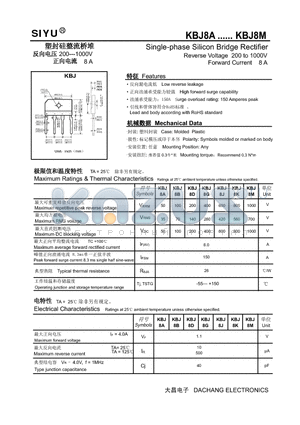 KBJ8A datasheet - Single-phase Silicon Bridge Rectifier Reverse Voltage 200 to 1000V Forward Current 8 A