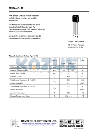 MPSA43 datasheet - NPN Silicon Epitaxial Planar Transistor