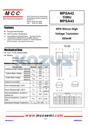 MPSA43 datasheet - NPN Silicon High Voltage Transistor 625mW