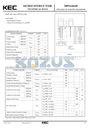 MPSA44 datasheet - EPITAXIAL PLANAR NPN TRANSISTOR (HIGH VOLTAGE)