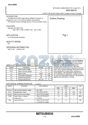 MGF4851A datasheet - SUPER LOW NOISE InGaAs HEMT (Leadless Ceramic Package)