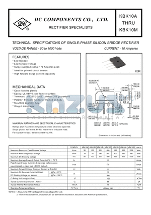 KBK10A datasheet - TECHNICAL SPECIFICATIONS OF SINGLE-PHASE SILICON BRIDGE RECTIFIER