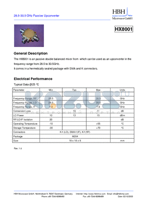 HX8001 datasheet - 28.5-30.5 GHz Passive Upconverter