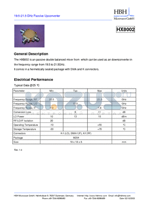 HX8002 datasheet - 19.5-21.5 GHz Passive Upconverter