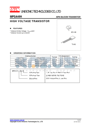 MPSA44HL-T92-B datasheet - HIGH VOLTAGE TRANSISTOR