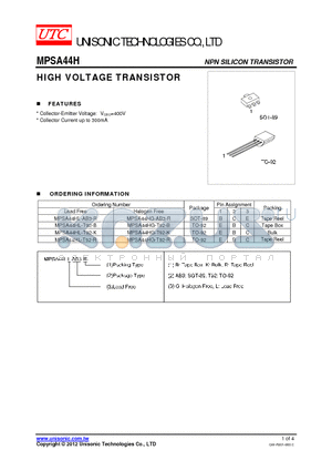 MPSA44HG-T92-R datasheet - HIGH VOLTAGE TRANSISTOR
