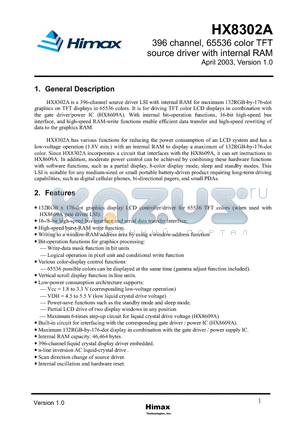 HX8302A datasheet - 396 CHANNEL 65536 COLOR TFT SOURCE DRIVER WITH INTENAL RAM