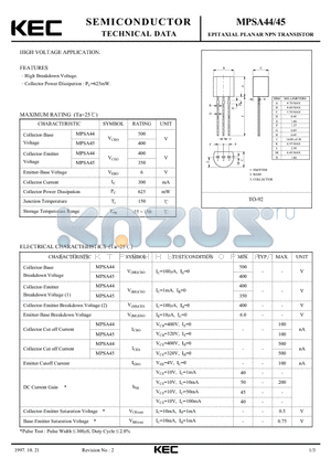 MPSA45 datasheet - EPITAXIAL PLANAR NPN TRANSISTOR (HIGH VOLTAGE)