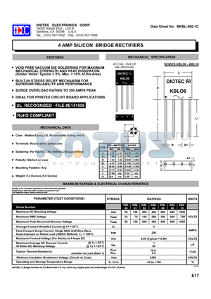 KBL00 datasheet - 4 AMP SILICON BRIDGE RECTIFIERS