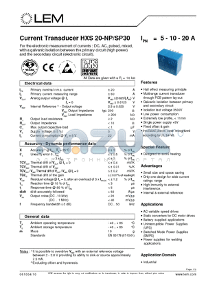 HXS20-NP datasheet - Current Transducer