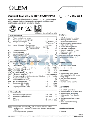 HXS20-SP30 datasheet - Current Transducer