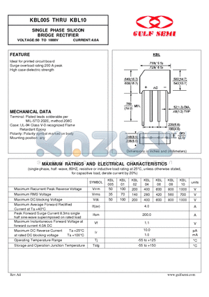 KBL005 datasheet - SINGLE PHASE SILICON BRIDGE RECTIFIER VOLTAGE:50 TO 1000V CURRENT:4.0A