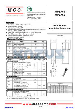 MPSA55 datasheet - PNP Silicon Amplifier Transistor