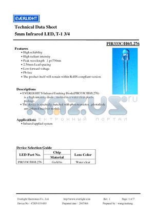 PIR333C datasheet - 5mm Infrared LED, T-1 3/4