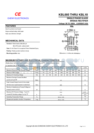 KBL01 datasheet - SINGLE PHASE GLASS BRIDGE RECTIFIER