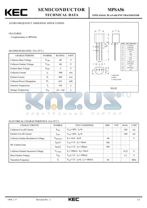 MPSA56 datasheet - EPITAXIAL PLANAR PNP TRANSISTOR (AUDIO FREQUENCY AMPLIFIER)