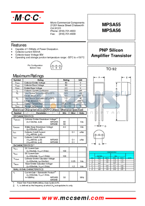MPSA56 datasheet - PNP Silicon Amplifier Transistor