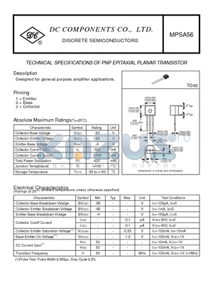 MPSA56 datasheet - TECHNICAL SPECIFICATIONS OF PNP EPITAXIAL PLANAR TRANSISTOR
