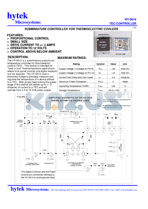 HY-5610 datasheet - SUBMINIATURE CONTROLLER FOR THERMOELECTRIC COOLERS