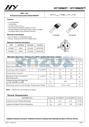 HY10N65FT datasheet - 650V / 10A N-Channel Enhancement Mode MOSFET