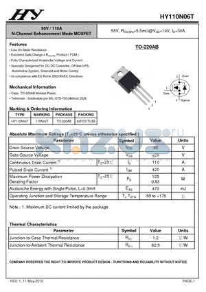 HY110N06T datasheet - 55V / 110A N-Channel Enhancement Mode MOSFET