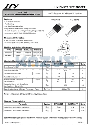 HY13N50T datasheet - 500V / 13A N-Channel Enhancement Mode MOSFET