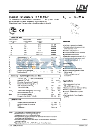 HY15-P datasheet - Current Transducers HY 5 to 25-P