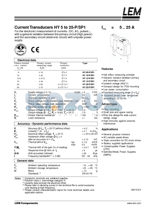 HY15-P/SP1 datasheet - Current Transducers HY 5 to 25-P/SP1