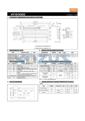 HY161XX02 datasheet - 16 CHAR X 1 LINE