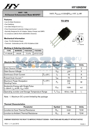 HY18N50W datasheet - 500V / 18A N-Channel Enhancement Mode MOSFET