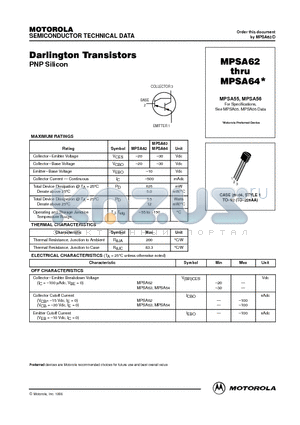 MPSA64 datasheet - Darlington Transistor