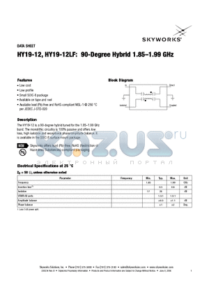 HY19-12 datasheet - 90-Degree Hybrid 1.85-1.99 GHz