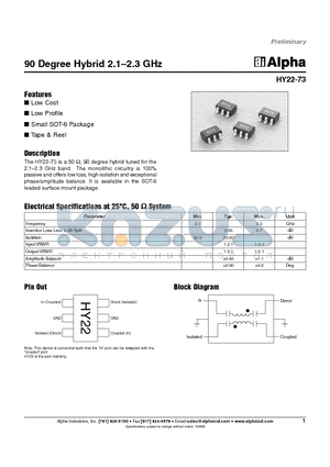 HY22-73 datasheet - 90 Degree Hybrid 2.1-2.3 GHz