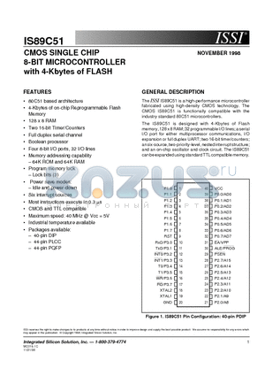 IS89C51 datasheet - CMOS SINGLE CHIP 8-BIT MICROCONTROLLER with 4-Kbytes of FLASH