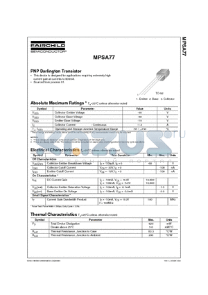 MPSA77 datasheet - PNP Darlington Transistor