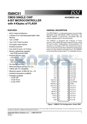 IS89C51-24PL datasheet - CMOS SINGLE CHIP 8-BIT MICROCONTROLLER with 4-Kbytes of FLASH